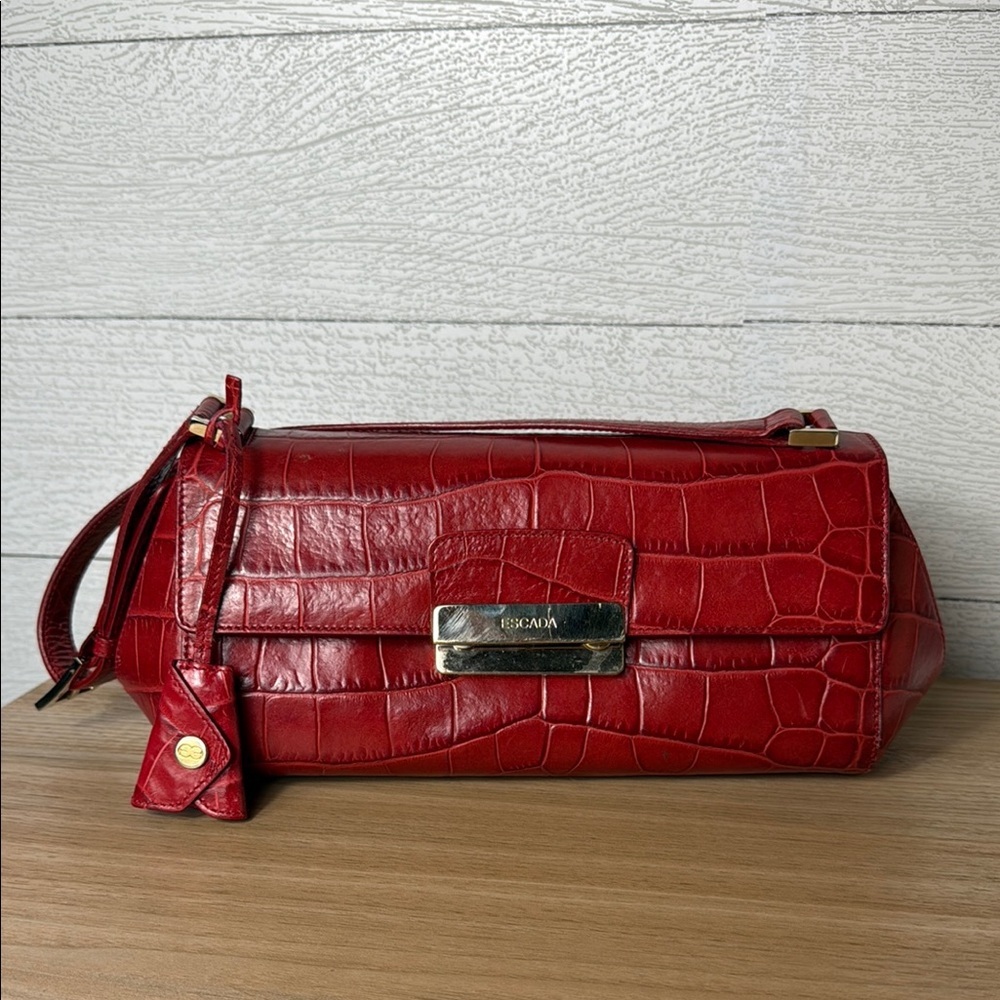 Vintage ESCADA Handmade Italy Red Croc Embossed Leather Bag Gold Hardware